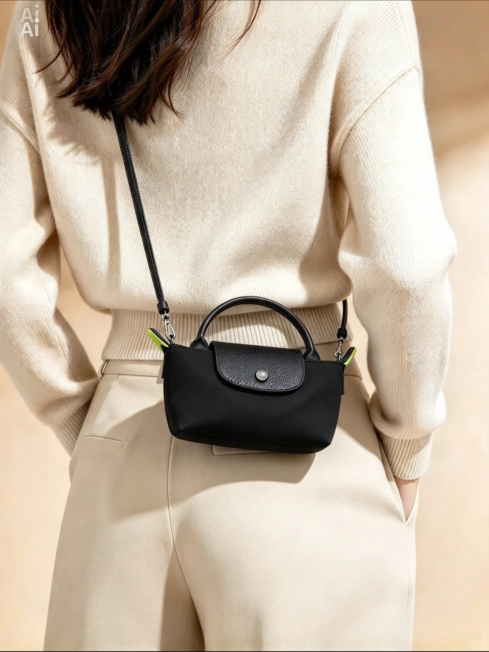 INSPIRATION Le Pliage Black Pouch with Handle & Leather Crossbody Strap - NWT